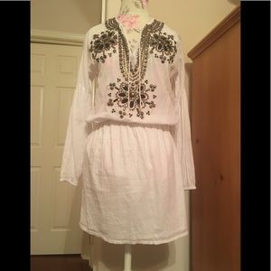 White cotton long sleeve dress w embellishment